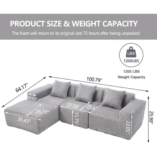 101'' Modular Sectional Sofa, Corduroy Cloud Couch with Ottomans, 3-Seater Convertible L-Shape