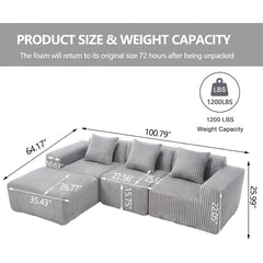 101'' Modular Sectional Sofa, Corduroy Cloud Couch with Ottomans, 3-Seater Convertible L-Shape