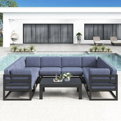 Large Aluminum Patio Furniture Set, 9 Pieces Modern Outdoor Conversation Set Sectional Metal Sofa Set Garden Furniture Sets