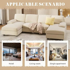 Convertible Sectional Sofa Couch, 4 Seat Sofa Set U-Shaped Modern Fabric Modular Sofa Sleeper with Double Chaise & Memory Foam