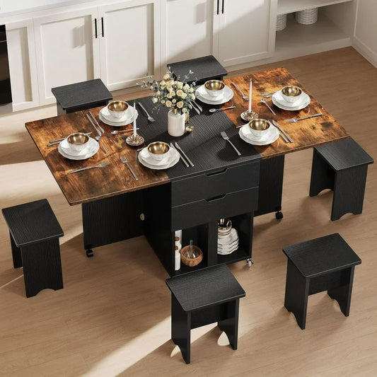 7-piece foldable expandable dining table set, equipped with 6 chairs, wooden set, 2 storage drawers and wheels, brown