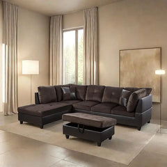 L Shaped Sofa with Ottoman Modern Sectional Living Room,Bedroom,Office,L Couch Brown