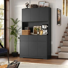 71'' Tall Kitchen Pantry Storage Cabinet with Power Outlets and Led Lights,Large Kitchen  Buffet Cabinet with Microwave Stand