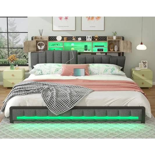 Queen Bed Frame with Storage Bookcase Headboard & LED Lights,Upholstered Bed Frame with USBCharging Station,No Box Spring Needed