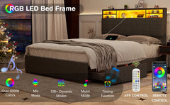 Full Size Bed Frame with Headboard & Charging Station, LED Bed Frame with 4 Storage Drawers, No Box Spring Needed, Bed Frame