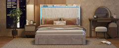 Bed Frame with LED Light and 3 Drawers Storage, Charging Station Wingback Tall Headboard, Upholstered Velvet Platform Bed Frame