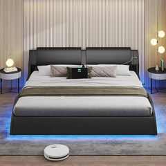 California King Bed Frame with Headboard and Led Lights Modern Cali King Led Bed Frame with USB & Type-c Ports Faux Leather