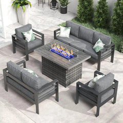 QLayinSun Aluminum Furniture with Fire Pit Table, 5 Pieces Patio Sectional Conversation Chat Sofa Modern Seating Set