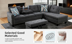 Sectional Sofa with Ottoman Nail-Head Design Linen Right Facing Modern Couches with Cup Holder L Shaped Sectional Sofa