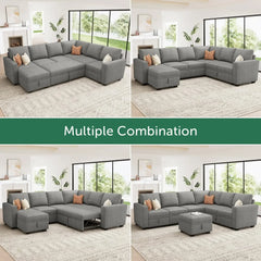 Modular Sectional Sleeper Sofa Bed, Corduroy Pull Out Couch with Storage Ottoman, U Shaped Sectional Couches for Living Room