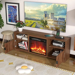 Fireplace TV Stand for Television up to 80 Inch,Entertainment Center with Adjustable Shelf,Mid-Century Modern Fluted TV Stand