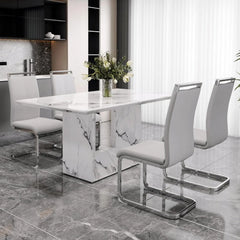 Dining Table Set, Modern Faux Marbled Pattern, MDF Density Board Base, Dining Table and PU Back Leather Chairs, Dining Table Set