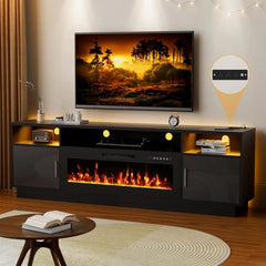 70'' TV Stand with 36'' Fireplace-LED Light Entertainment Center for 75+ inch TV-White TV Cabinet with Storage