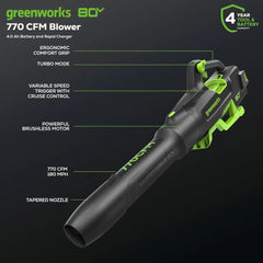 80V 770 CFM Cordless Leaf Blower 4.0Ah Battery and Rapid Charger