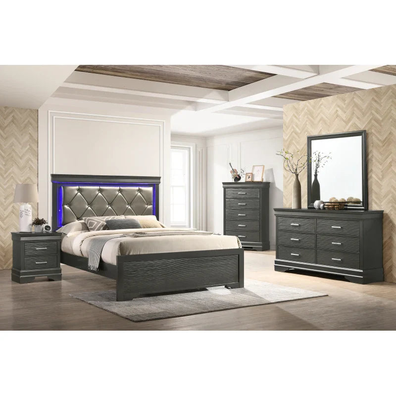 Queen 5 Pc Tufted Upholstery LED Bedroom set made with Wood（Queen Bed+ 1 Nightstand + Dresser + Mirror + Chest）