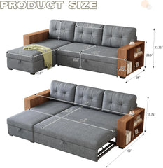 Pull Out Couch with Storage Chaise and Armrests,Convertible Sectional Sleeper Sofa Bed W/Removable Back Cushions