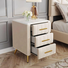 3-drawer Bedside Table with Metal Legs and Handles, Cushioned Bedside Table with Artificial Marble Countertop