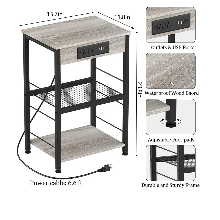 Bedside table with charging station, 3-story side table with USB port and socket, side table with living room with storage rack