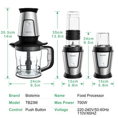 BioloMix 3-in-1 Multifunctional Food Processor 700W Portable Juicer Blender Personal Smoothie Mixer Food Chopper and Dry Grinder