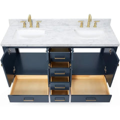 Double Bathroom Vanity with Edge Italian Carrara Marble Countertop & Splash, Rectangular Sinks,Closing Doors