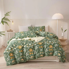 Duvet Cover Queen 100% Cotton, Green Garden Flower Pattern Bedding Duvet Cover Set Full Queen with Pillowcases Durable Zipper