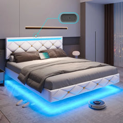 Floating Bed Frame King Size with Led Lights and USB Ports,Faux Leather Platform King Bed Frame with Headboard Easy To Assemble