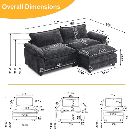 Sectional Sofa Modular Deep Seat Couch with Ottoman Chenille Sofa Sleeper Comfy Upholstered Furniture 2-Seat & 1-Ottoman Black