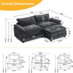 Sectional Sofa Modular Deep Seat Couch with Ottoman Chenille Sofa Sleeper Comfy Upholstered Furniture 2-Seat & 1-Ottoman Black