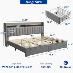 King size bed frame with storage space and headboard, king size bed frame with 2 drawers, noiseless and no need for a spring box