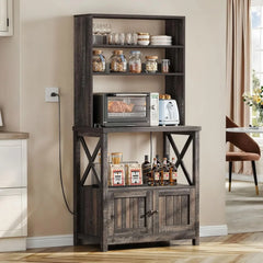 Microwave Stand Bakers Rack Cabinet,Farmhouse Freestanding Small Kitchen Pantry Hutch Tall w Door Power Outlet Thickened Counter