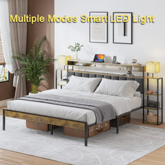 Queen Size Bed Frame with Bookcase Upholstered Headboard, Metal Platform Bedframe with Storage Nightstand and Table Lamp, Bed