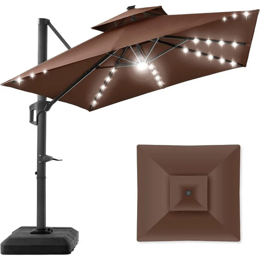 10x10ft 2-Tier Square Cantilever Patio Umbrella with Solar LED Lights, Offset Hanging Outdoor Sun Shade