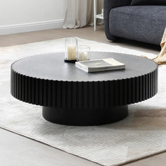 31.49" Black Round Coffee Table, Farmhouse Wood Coffee Table for Living Room,Circle Drum Coffee Table with Handcrafted Relief