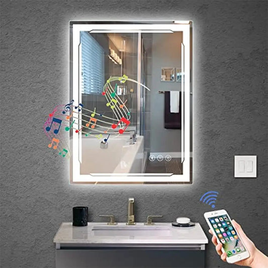 32x24 Smart LED Bluetooth Speaker Bathroom Vanity Mirror with Anti-Fog & 3 Lights Setting Wall Mount Mirror IP54 Waterproof