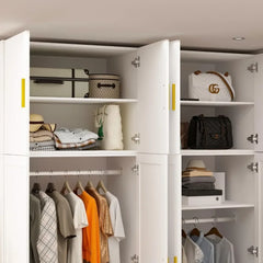 Large Wardrobe Armoire Closet with 4 Doors, White Wardrobe with Hanging Rods and Drawers, Top Cabinets, Bedroom Armoire