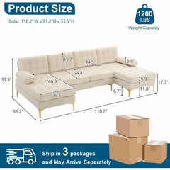 Modern U Shaped Sectional Sofa for Living Room, 110-Inch 6 Seat Large Couch with Double Lounge Chaise for Small Space, Beige