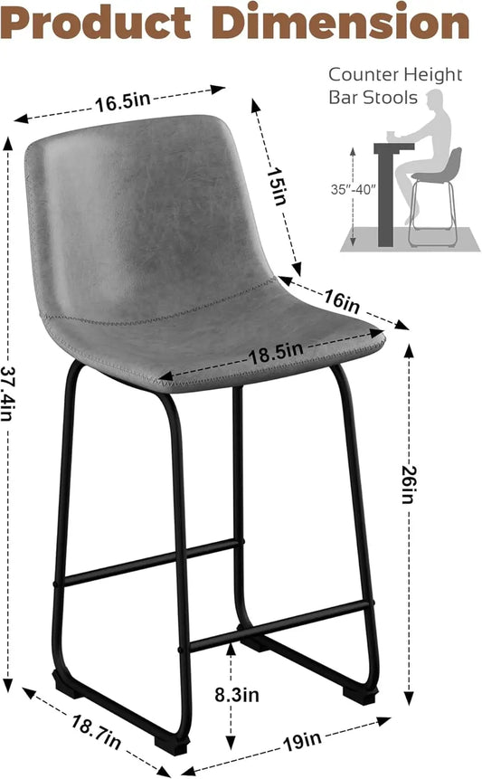 Bar Stools Set of 4, 26inch Counter Height Bar Stools with Back, Modern Faux Leather Bar Stools with Metal Legs and Footrest