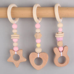 3/4 Pcs Baby Gym Frame Beech Wood Ring Baby Fitness Rack Pendants Silicone Beads Teether Newborn Stroller Rattle Play Gym Toys