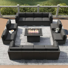 15 Piece Patio Furniture Set with Fire Pit Table, Outdoor Conversation Sets Wicker Rattan Sectional Sofa with Coffee Table