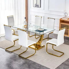 63” Glass Dining Table Set for 6,Gold Dining Room Table Set for 6,Modern Kitchen Table and PU Leather Chairs for 6, Dinner Table