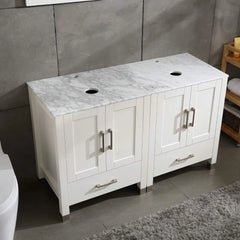 Double Sink White Bathroom Vanity Cabinet Solid Wood Marble Top Mirror Faucet&Drain Set White sink