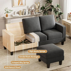 Convertible Sectional Sofa Couch, 3 Seat L-Shaped Sofa with Linen Fabric, Movable Ottoman Small Couch for Small Apartments