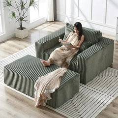 Oversized Chaise Lounge Chair with Removable Ottoman,Corduroy Upholstered Modern Deep Seat Sofa Couch with Pillows