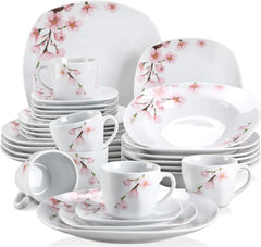 Porcelain Dinnerware Sets for 6, White Dish Set with Pink Floral, 30 PCS Dinner Sets Including Plates