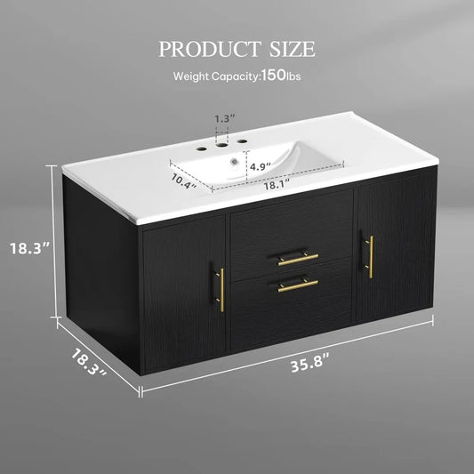 36 Inch Floating Bathroom Vanity with Three Holes Sink, Wall Mounted Cabinet with 2 Storge Cainets Undermount Ceramic Basin