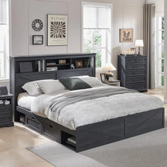 King Size Wood Bed Frame Farmhouse with 52" Tall Storage Bookcase Headboard, LED Light,Charging Station,4 Drawers and Solid