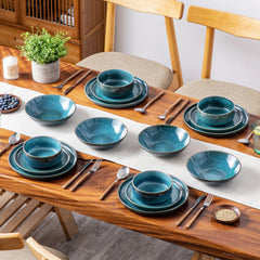 vancasso 16/32 Piece Reactive Glaze Ceramic Dinner Set Blue Tableware Set with 4/8pcs Dinner Plate/ Dessert/Soup/Bowl for 4