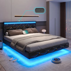 Floating Bed Frame King Size with Led Lights and USB Ports,Faux Leather Platform King Bed Frame with Headboard Easy To Assemble