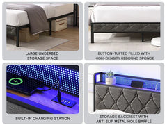 King Bed Frame with Storage Headboard, Charging Station and LED Lights, Upholstered Platform Bed with Metal Slats, Noise Free