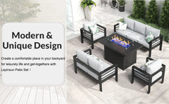 QLayinSun Aluminum Furniture with Fire Pit Table, 5 Pieces Patio Sectional Conversation Chat Sofa Modern Seating Set